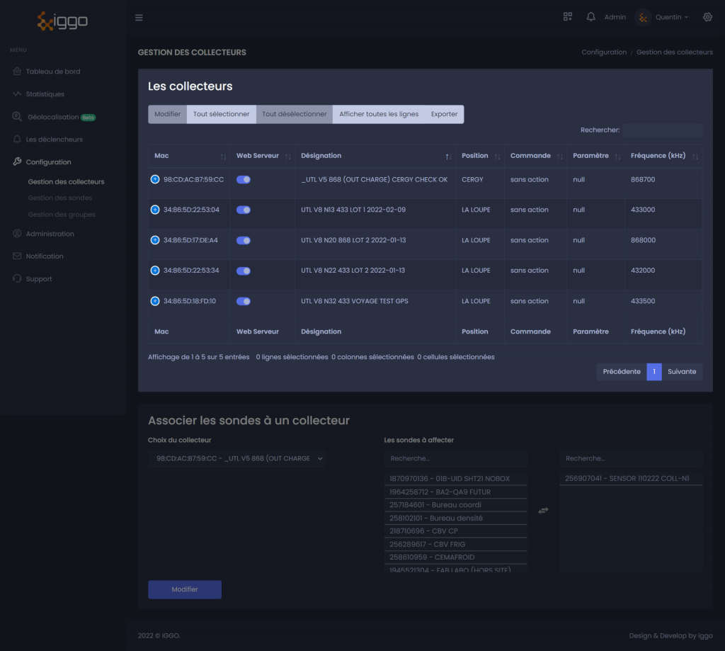 iggo gestion collecteurs tableau édition configuration administration collecteurs