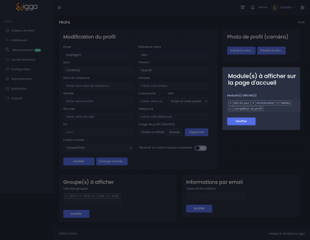 iggo profil modules visibles page accueil